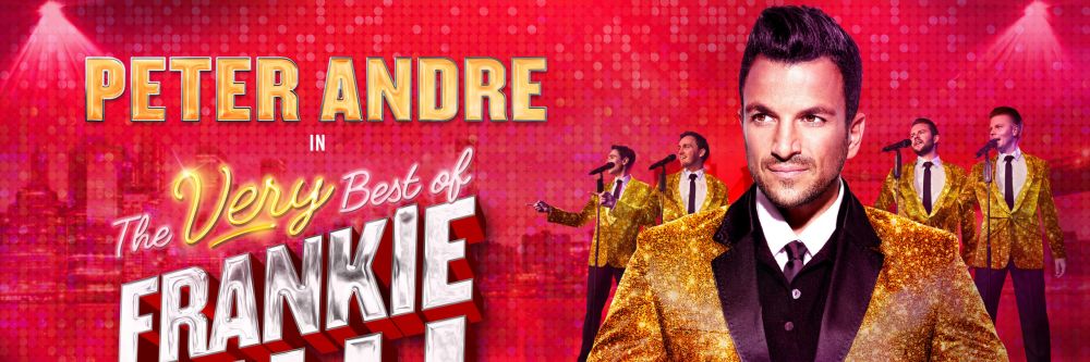 Peter Andre in gold sequin blazer looking into the distance with four Four Seasons tribute performers in gold sequin blazers standing behind him